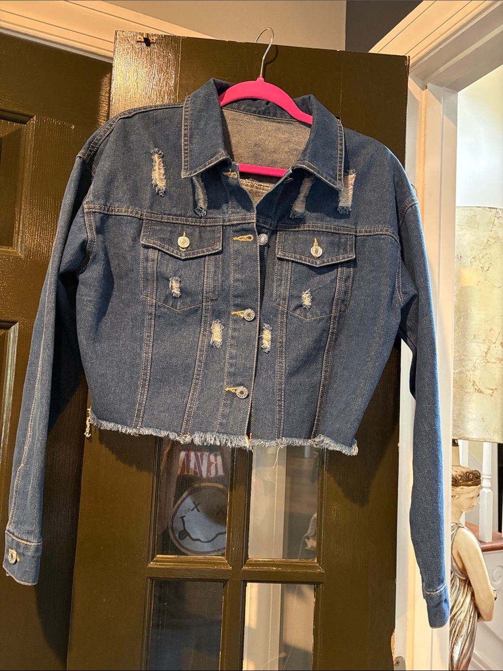 Source Unknown Distressed Cropped Jean Jacket - Dark Blue